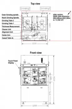 Top view and front view layout of wafer beveling machine